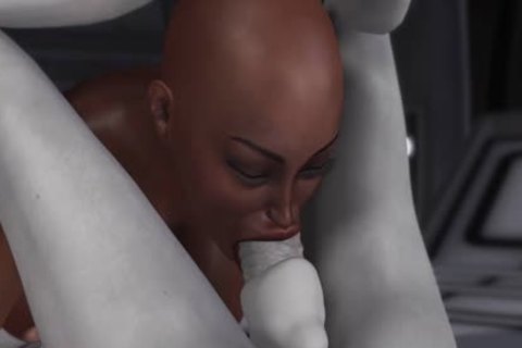 3D-Alien-Dickgirl nagelt einen engen Ebenholzsklaven in der Raumstation fest