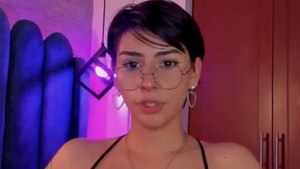 Short Haired teen latina Tattooed lady-man In Glasses And lingerie Masturbates With A dildo